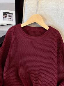 SHEIN Áo len cổ tròn tay dài họa tiết tối giản, rộng rãi, thoải mái dành cho bé gái tuổi teen, màu đỏ tía - Màu Đỏ Sâu - Xem 6
