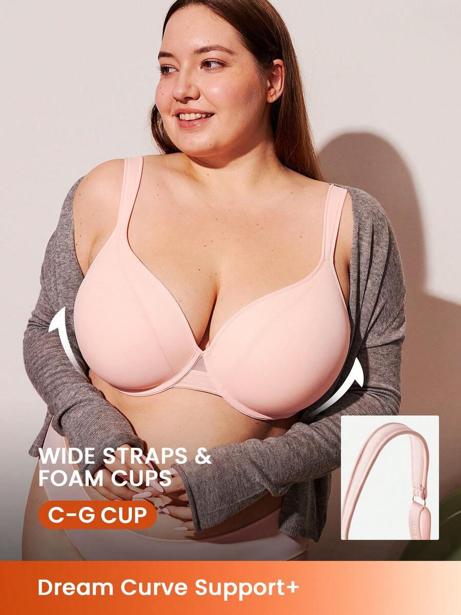 LUVLETTE Plus Dream Curve Support +Smooth Full Coverage Support Wide Strap Push Up T-Shirt Basic Bra - Pink - View 1
