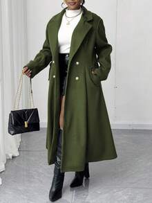 Maweii Plus Size Women's Square Neck Lapel Open Front Water Blue A-Line Pocket Mid-Length Elegant Vintage Casual Cute Overcoat, Autumn/Winter - Army Green - View 6