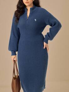 Juhart 大码女式纯色针织连衣裙，带海马图案，休闲毛衣裙，适合圣诞节、万圣节、返校季 - 寶藍色 - 查看 8