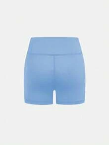 青少年女孩运动服纯色休闲简约交叉腰短裤，高弹力四向弹力面料，适合骑行、跑步、训练 - 霧霾藍 - 查看 4