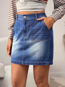 SHEIN LUNE Women's High Waist Pocketed Casual Denim Pencil Skirt - Blue - View 3