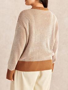 EMERY ROSE 加大码撞色设计圆领套头衫长袖休闲舒适优雅毛衣 - 駝色 - 查看 2