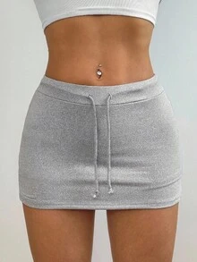 女士纯色修身超短高腰开衩系带裙 - 淺灰色 - 查看 8