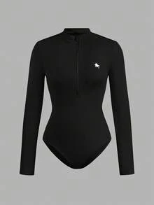 SHEIN EZwear 2 件女式小马印花拉链高领紧身衣套装，休闲长袖，秋冬 - 彩色 - 查看 6
