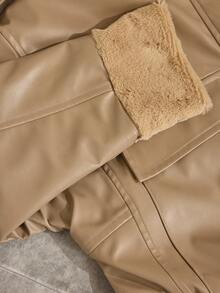 CLARA VERO Cappotto imbottito con colletto in borg, tasche con patta, rivestimento in pelle PU, fodera in pelliccia, giacca in PU di alta qualità, molto morbida e confortevole - Albicocca - Visualizzare 8