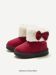 Cozy Pixies 女童時尚酒紅色毛絨保暖休閒雪地靴，舒適適合日常穿著、運動，秋冬適用，蝴蝶結裝飾，聖誕與節日款 - 酒紅色 - 查看 5