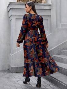 SHEIN LUNE V 领枫叶领荷叶边喇叭袖多层下摆 A 字形复古碎花休闲通勤优雅长裙，适合女士，秋冬 - 彩色 - 查看 2