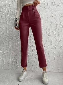 High Waist Belted Suit Pants With Slanted Pockets - Burgundy - View 3