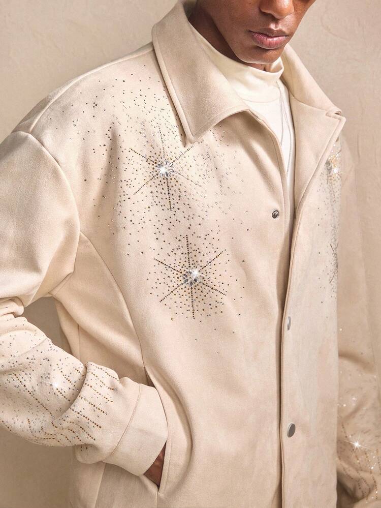 Men's Casual Rhinestone Button Front Long Sleeve Jacket, Autumn, For Fall Winter