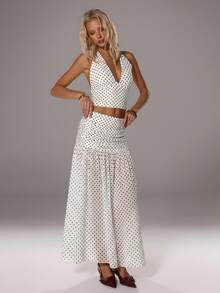 TRNVIE 女士波点印花深V领露脐吊带上衣和褶皱半裙性感两件套 - 杏色 - 查看 6