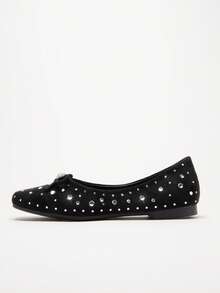 Solezae Bailarinas con strass y lazo para mujer - Negro - Ver 6