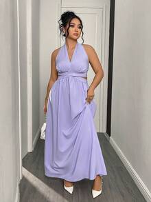 SHEIN Elenzya Váy Maxi không tay xếp ly cỡ lớn dành cho nữ, eo thắt, thiết kế hở lưng gợi cảm - Màu tím  Violet - Xem 4