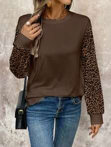 EMERY ROSE 女式休闲豹纹拼布T恤，秋季 - 白色 - 查看 4