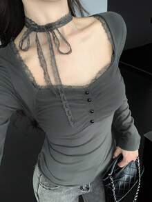 DAZY 女士优雅系带长袖 T 恤，春/秋 - 灰色 - 查看 6
