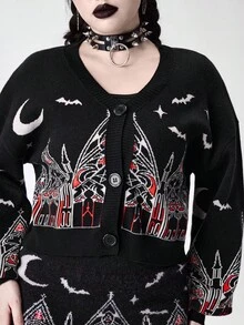 ROMWE Goth 哥特式城堡和教堂星月提花女式短款开衫 - 黑色 - 查看 3