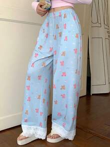 DAZY Pantalones de pijama holgados con estampado de oso en patchwork para mujer
