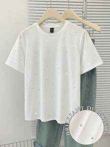 EMERY ROSE Women's Casual Solid Color Rhinestone Embellished Round Neck Short Sleeve T-Shirt, Suitable For Daily Wear, Autumn - White - View 6