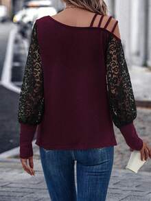 EMERY ROSE Women's Asymmetric Collar Contrast Lace Long Sleeve Fashionable Blouse - Red Violet - View 2