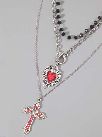 3pcs Gothic Dark Glass Crystal Cross, Heart Pendant Necklace, Personalized Hip Hop Multilayer Necklace For Women, Holiday Gift, Halloween