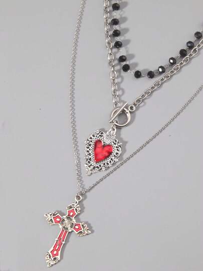 Goth 3 Stück gotisches dunkles Glas Kristall Kreuz, Herz Anhänger Halskette, personalisierte Hip Hop Mehrschicht Halskette für Frauen, Urlaubsgeschenk, Halloween