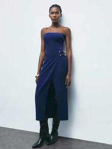 Maija 2025 Women's Strapless Dress With Belt,Navy Blue Summer Chic Mid-Length Luxurious Party Night Out Dress,Modern Urban Old Money Aesthetic Halloween - Navy Blue - View 6