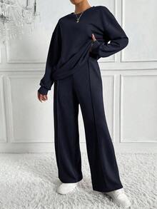 SHEIN Tall 2件組海軍藍秋季女款運動套裝，極簡休閒居家服，寬鬆圓領衛衣搭配寬腿運動長褲，街頭風，適合高個女性 - 藏蓝色 - 查看 6