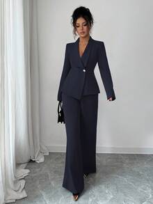 Elenzga Women's Suit Set, Suit Fabric, Lapel Collar, Long Sleeve, Waist Cinched A-Line Asymmetric Hem, Metal Button Decor, Sophisticated & Elegant For Office, Commute, Street Style, French Romantic, Casual, Middle Eastern Vintage, Afternoon Tea, Party, Thanksgiving, Back To School, Spring/Autumn/Winter - Navy Blue - View 3