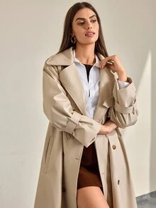 CLARA VERO FRENCHY 经典系带风衣 - 双排扣轻薄长款翻领夹克，经典米色外套，适合春秋季节，简约巴黎街头风格，优雅日常叠穿单品，适合 Z 世代，中性色调干净女孩的审美外观 - 米色 - 查看 6