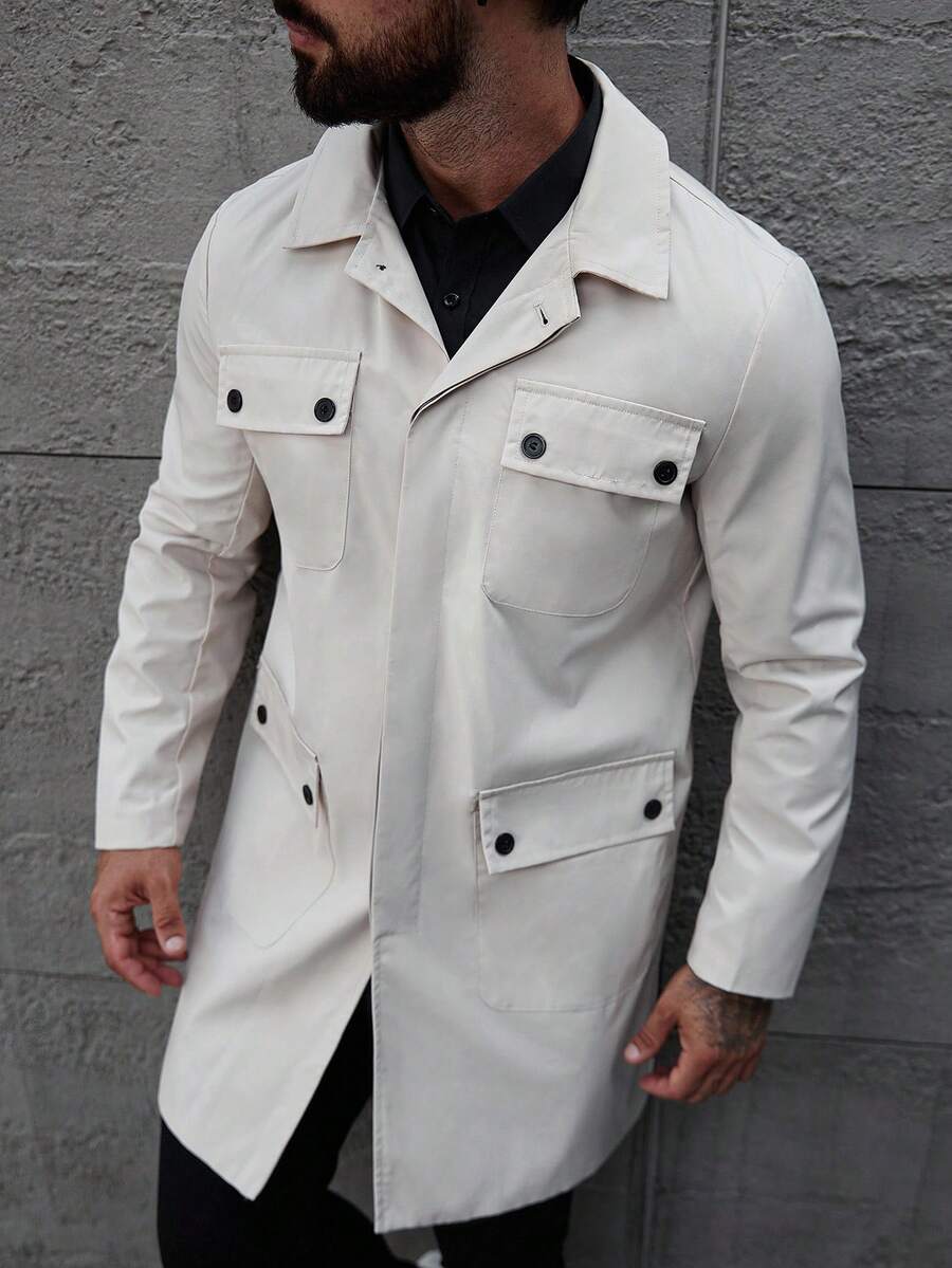 Manfinity CasualCool Men's Casual Outdoor Fashion Versatile Commuter Trench Coat, Cream, Old Money , Fall