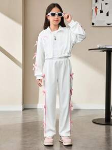 青少年女孩长袖圆领拉链插肩上衣和抽绳腰袋裤套装，休闲日常穿着，秋冬 - 白色 - 查看 4