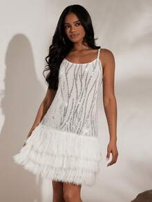 Opulessa Women's Fashionable Party Sequin Patchwork Fringe Hem Mini Dress,  White Sequin Elegant Party Outfit, Luxury Evening Dresses For Weddings, Beach Dress, New Year, Thanksgiving Outfits, White Rhinestone And Feather Detail, Graduation, Prom Dress