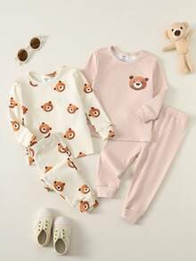 SHEIN Bộ đồ ngủ 4 món cho bé trai, áo len cổ tròn tay dài họa tiết gấu hoạt hình mềm mại và quần dài cạp chun - Nhiều màu - Xem 2