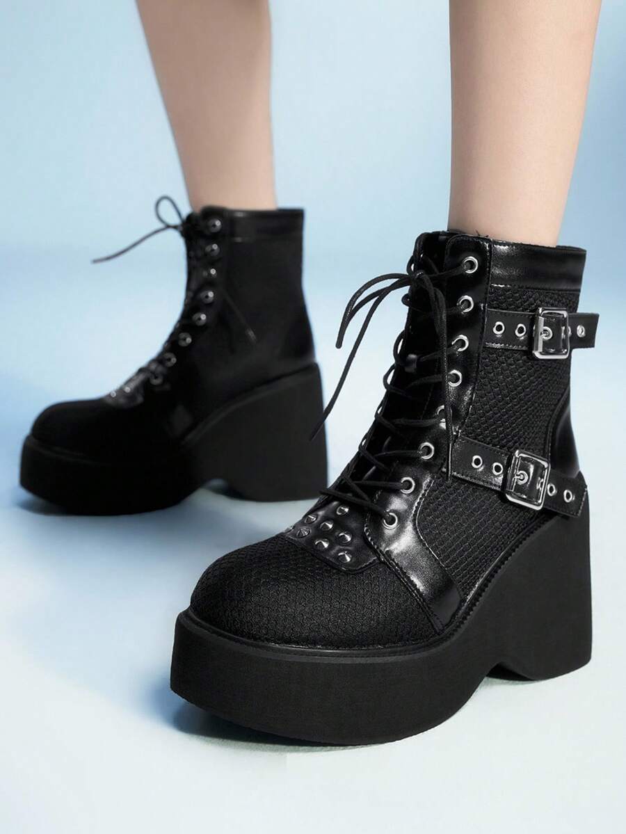 Sugerpunk Giày bốt cổ ngắn buộc dây lưới thời trang dự tiệc, dây đeo kép kim loại kiểu Gothic, khóa chéo, đế xuồng màu đen kiểu Punk, gót dày - màu đen - Xem 1