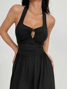 FavEase 女式纯色深 V 领挂脖系腰连体裤，适合所有季节的休闲装 - 黑色 - 查看 6