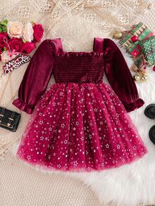 SHEIN Young Girl' Burgundy Autumn 7th Birthday Velvet Dress With Puff Sleeves,Tulle Skirt With White Printed Powder Decor Cute For Party Formal Occasions - Burgundy - View 3