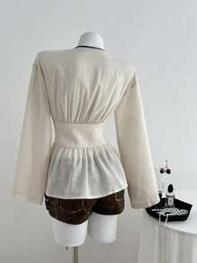 Elamini Women's Solid Color Waist Tie Long Sleeve Ruffle Hem Fashion Blouse