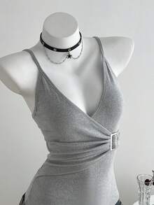 Elamini 女士休闲百搭纯色裹身吊带背心 - 灰色 - 查看 5