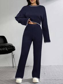 SHEIN EZwear 女式休闲海军蓝撞色镶边圆领长袖毛衣和裤子两件套西装，女式秋季服装 - 藏蓝色 - 查看 5