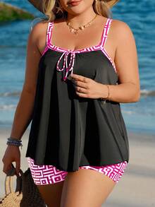 Swim Lushoire Damen Große Größen Sommer Strand geometrisches Muster Lässig Tankini Badeanzug Set