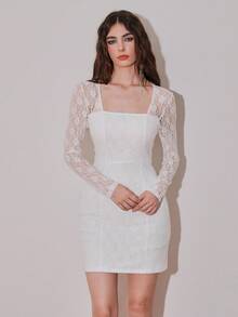 Modelyn Women's Elegant Solid Color Lace Fitted Mini Dress - White - View 3