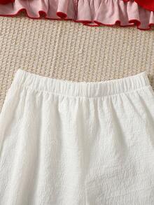 SHEIN 青少年女孩宽松休闲简约舒适 V 领拼接撞色蝴蝶结荷叶边下摆上衣和裤子家居服套装 - 紅白色 - 查看 3