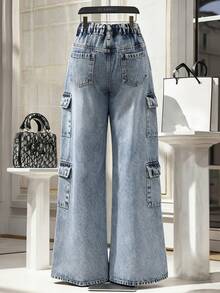 GlowEve Women's Casual Washed Wide Leg Cargo Jeans - Blue - View 2