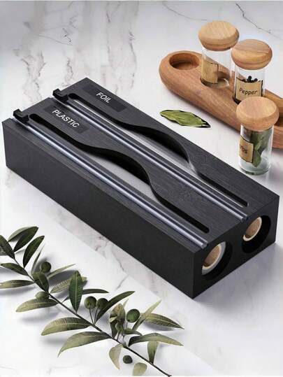 1PC  Bamboo Foil Wrap Dispenser 2 Compartment Storage Box With Cutter Natural Color For Kitchen Pantry Organization School College Dorm Essential  Household Gadgets