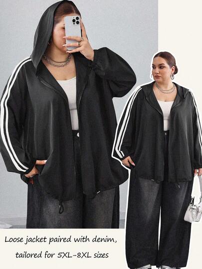 SHEIN CURVE+ 秋季大码女式拼接缎带拉链连帽夹克