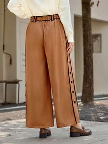 Calvaya Pantalones anchos de talle alto con botones laterales decorativos, en marrón y negro, de corte holgado y cómodo, versátiles para uso casual, de oficina y al aire libre, en tallas grandes - Marrón - Ver 2