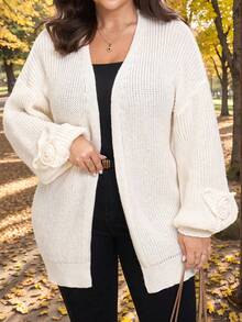 Comfylo 加大码纯色长款开衫夹克，袖口有 3d 花卉装饰，优雅长袖开衫优雅女士开衫休闲日常穿着，通勤简约办公室老款开衫，日常通勤和户外必备，海军蓝女士秋季服装女士冬季服装通勤，极简主义 - 杏色 - 查看 9