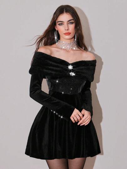 NOVVYNE Damen elegantes gerafftes Off-Shoulder Langarm-Kleid mit Strass-Blumen-Dekor