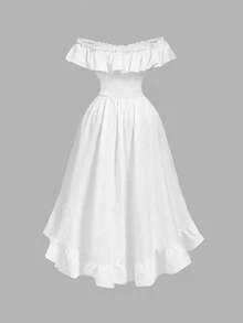 SHEIN MOD Váy nhung trắng viền bất đối xứng cỡ lớn, thắt eo, cạp chun jacquard, phong cách cung điện cổ điển, phù hợp cho mùa tốt nghiệp và mùa hè - trắng - Xem 2