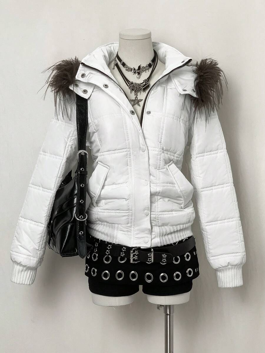 EgrlEra Áo khoác mùa đông thường ngày có mũ trùm đầu bằng lông nhân tạo, tay dài có khóa kéo, cổ áo có túi dành cho nữ - trắng - Xem 1